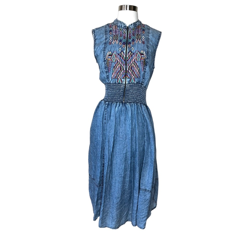 Label Ritu Kumar Denim-look Embroidered Sleeveless Dress- Size 3/ medium